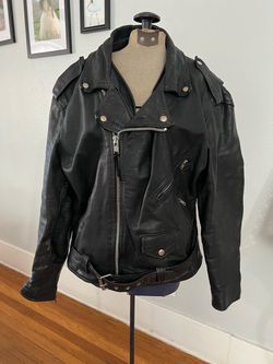 Harley Harley classic black leather motorcycle jacket with asymmetrical front zippers.