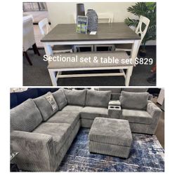 Sectional sofa with ottoman & 6-pc Dining table set