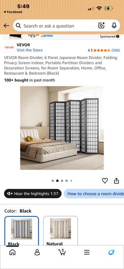 VEVOR Room Divider, 6 Panel