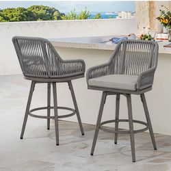 Outdoor Bar Stools Set of 2, 360° Swivel Aluminum Rattan Bar Stool with Olefin Rope Curved Backrest and Armrest, Boho BarStools with Removable Cushion
