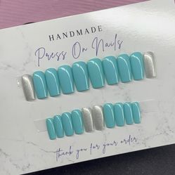Medium square Press on nails silver glitter teal light blue handmade custom gel