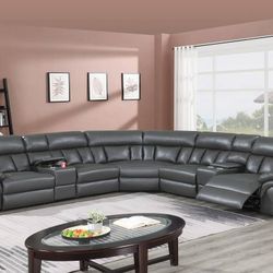 Brand New Grey Leather Gel Reclining Sectional Sofa