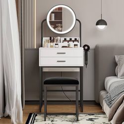 Small Vanity Desk with Lighted Mirror and Lights Compact Makeup Set with Drawers for Bedroom Mini White Modern Dressing Table with Chair