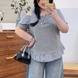 Off-the-shoulder patchwork short-sleeved T-shirt for women, slimming down oversized top with subtle details, comfortable base layer that conceals body