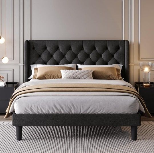 Queen Size Platform Bed Frame with Upholstered Headboard