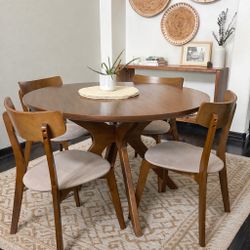 Round Dining Table Set With Upholstered Chairs - Wood 