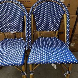 Set Of 2 Outdoor Barstools Chairs In Blue And White Bamboo Looking