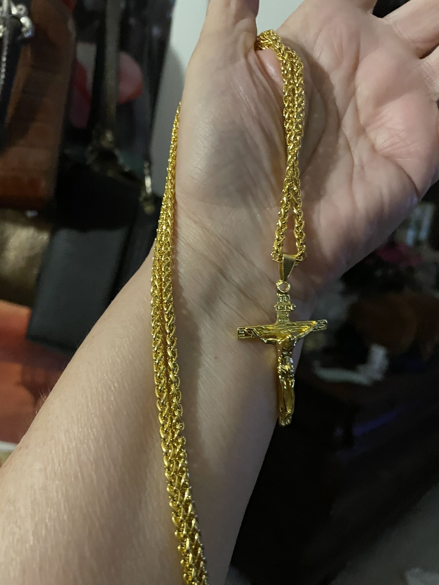 Gold Chains And Chain And Crucifix 22”-24”