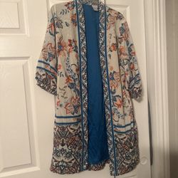 Chicos Paisley Print Open Front Duster In Cream Teal And Orange Kimono 