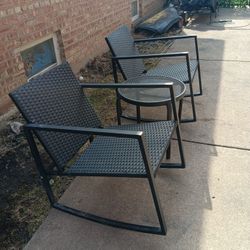 Set Of Three Pieces Wicker Rocking Chair With Metal Round Table Patio Set