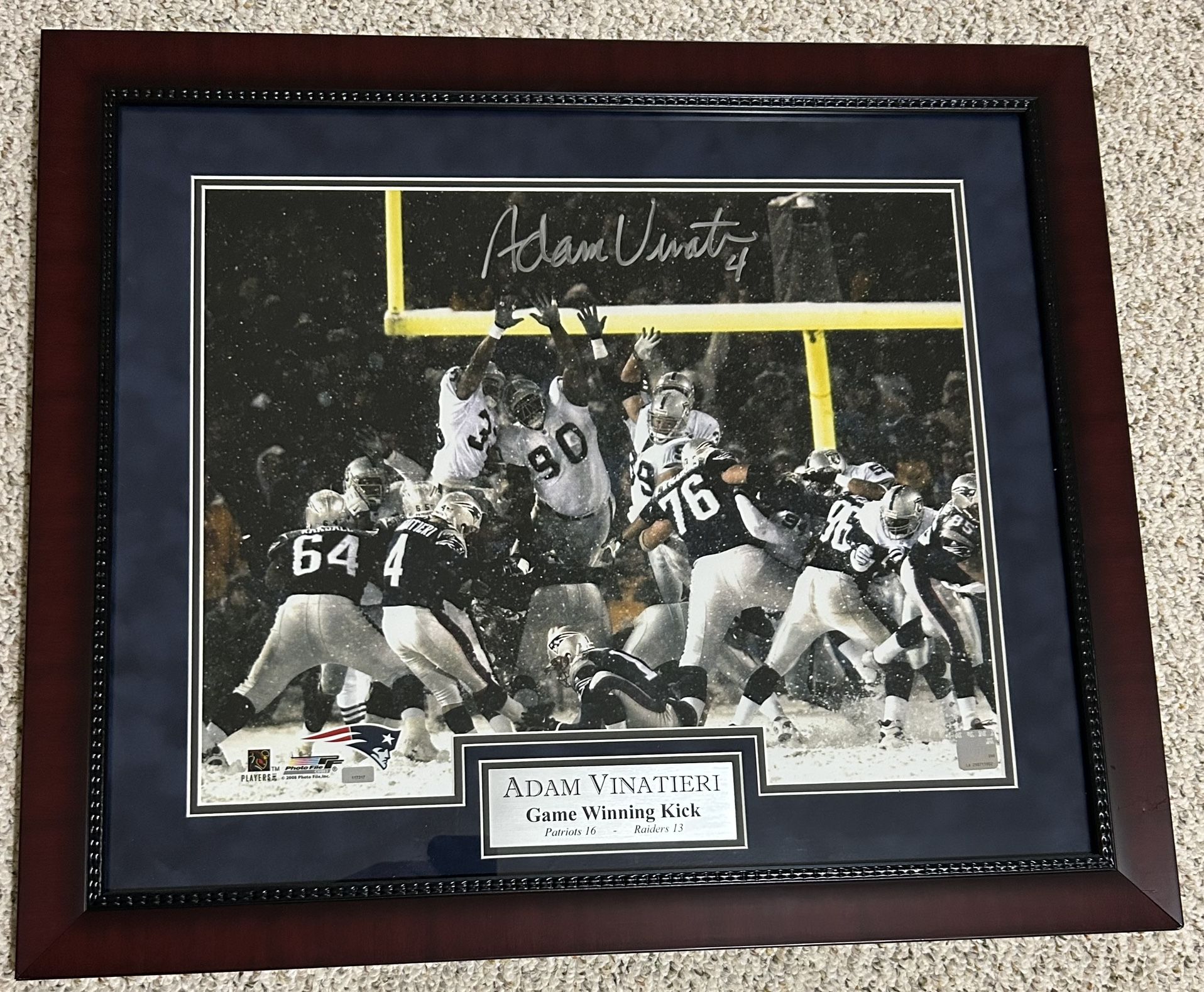 Adam Vinatieri Autograph Photo AFC Playoff Game 2002 Snow Kick