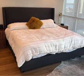 King Upholstered Platform Bed – Black (Slightly Sun-Faded)