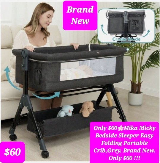 $60🌸Bedside Sleeper By Mika Micky Easy Folding Portable Crib, Grey. Brand New. Only $60 !!!