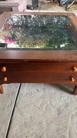 Wood Coffee Table with Glass Top and Drawers