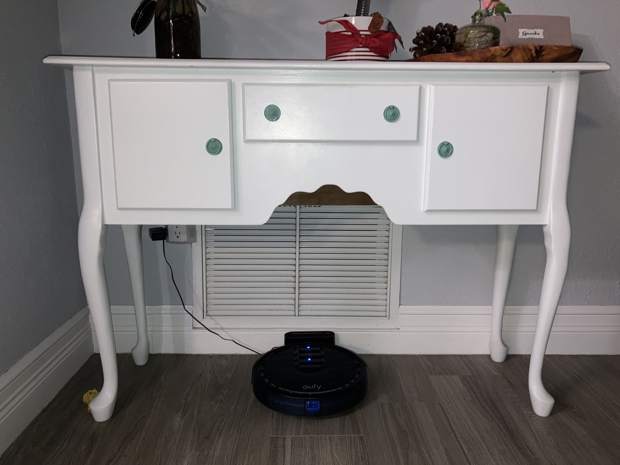 Wooden Buffet Table / Server Desk, White With Teal Hardware