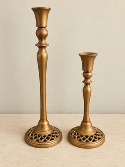 Pair of Decorative Brass-Tone Candlestick Holders