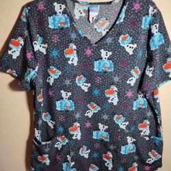 Disney Scrub Top Frozen Olaf Snowflake Women L 