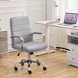Mid-Back Office Chair with Arms Swivel PU Leather Height Adjustable Office Executive Chair, Light Gray