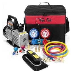Premium 4CFM Air Vacuum Pump HVAC A/C Refrigeration Kit AC Manifold Gauge Case Set R134a Tap w/Leak Detector and Carrying Tote Bag

 