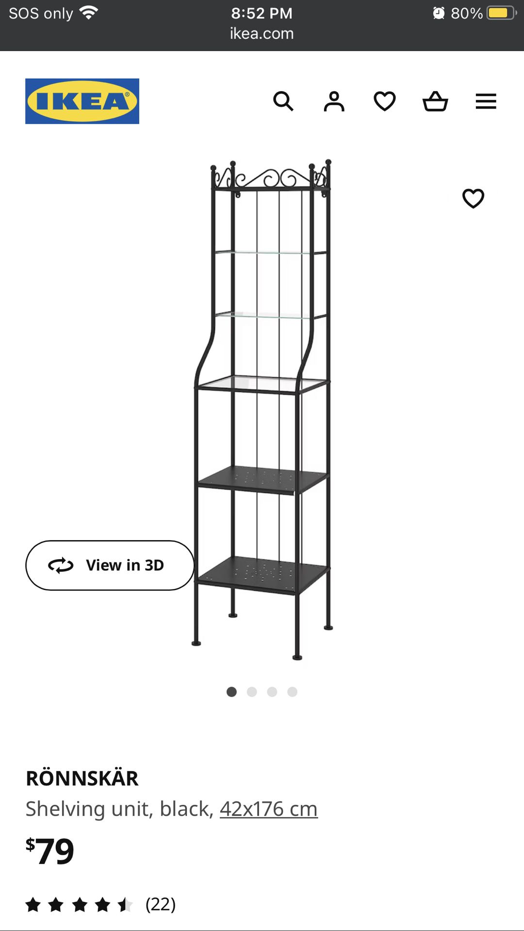 IKEA RÖNNSKÄR Shelving unit, black, 42x176 cm Metal And Glass Shelf