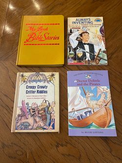 Lot of 4 Children's Books: My Book of Bible Stories, Always Inventing, Creepy Crawly Critter Riddles, and Doctor Dolittle and the Pirates
