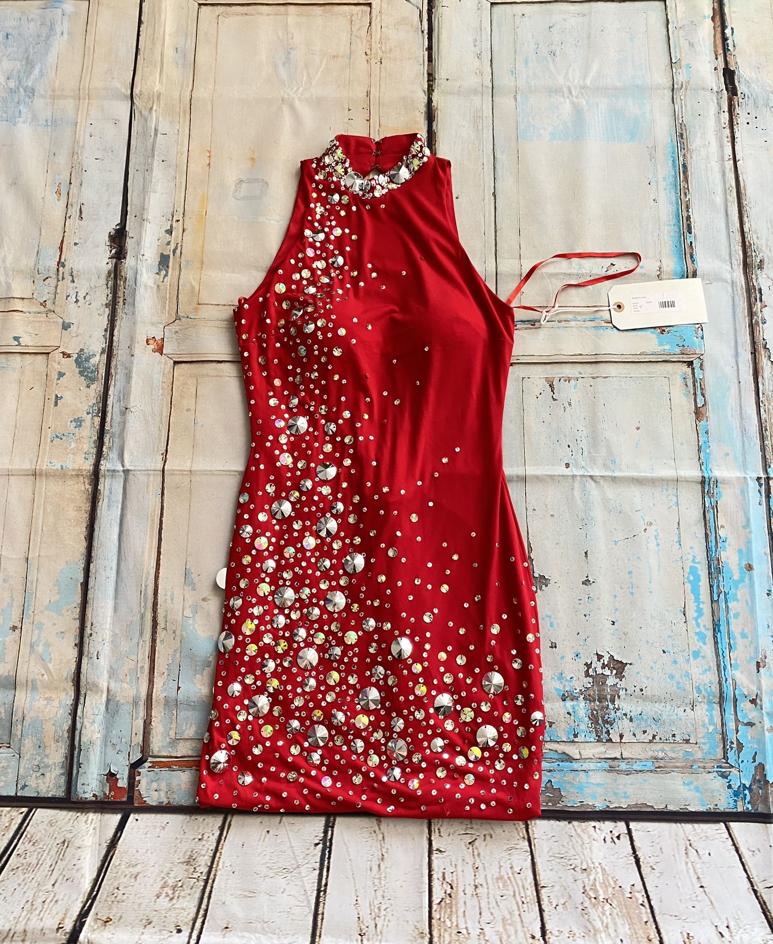 fitted lace wedding dress Bessie Red Halter Neck Side Split Bodycon Midi Dress main image 1