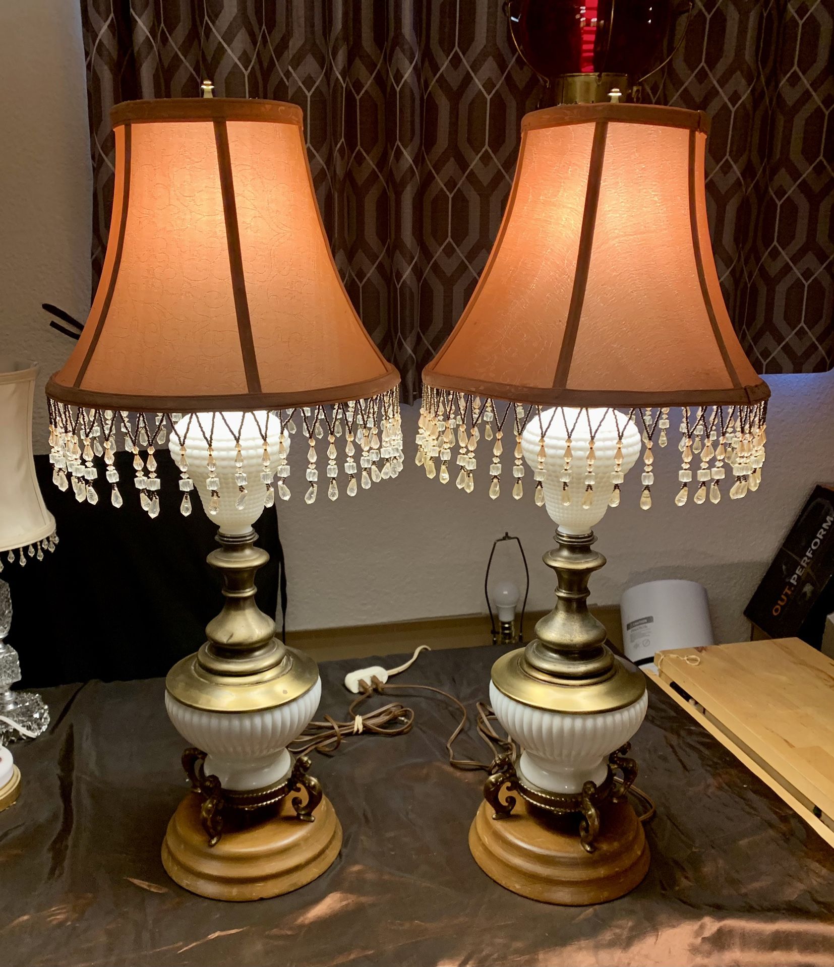 Pr. Vintage Brass, Wood and Milk Glass Lamps