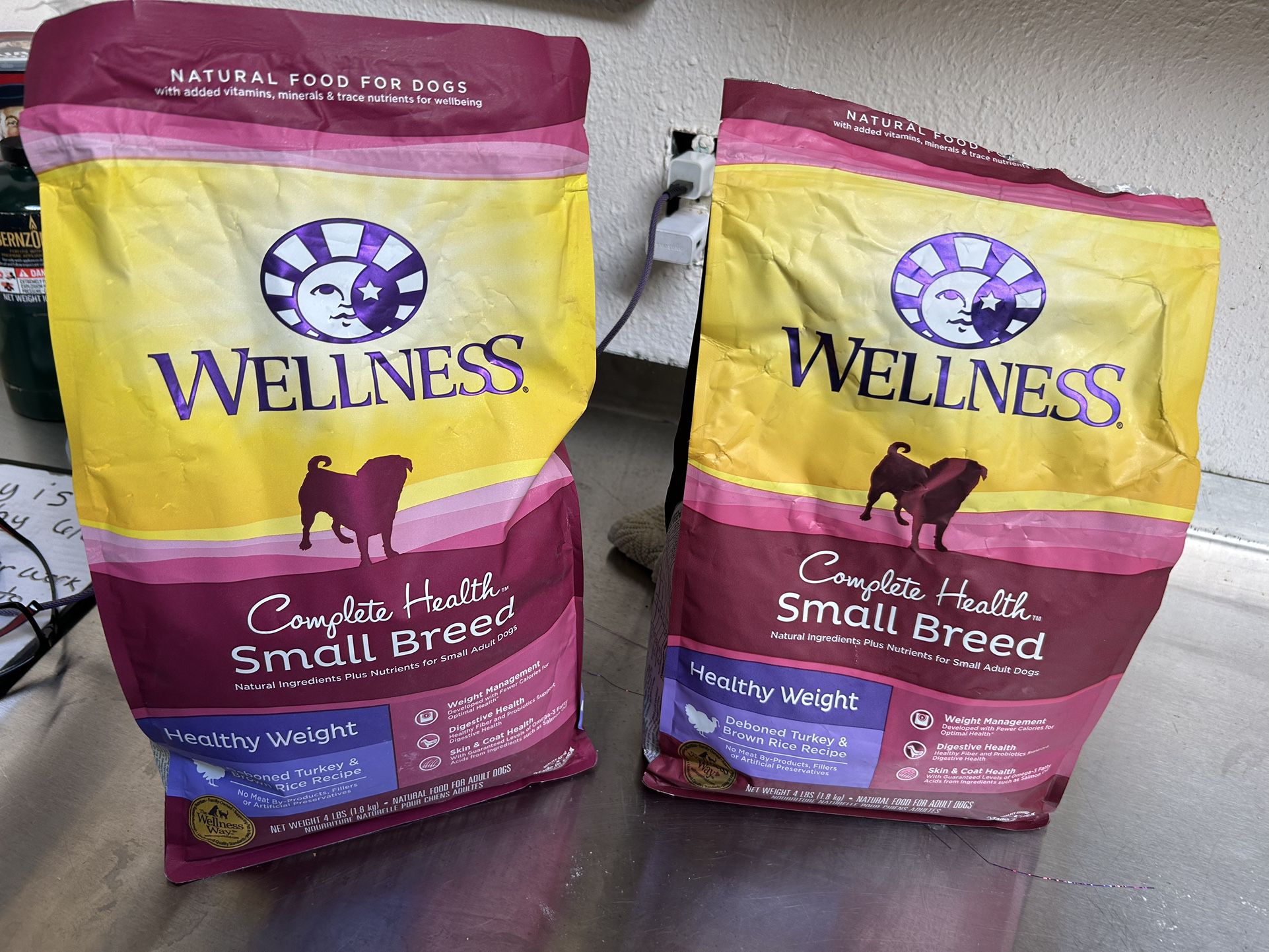 Unopened Brand New Bag Of Wellness Small Dog Food And One Bag Half Gone 