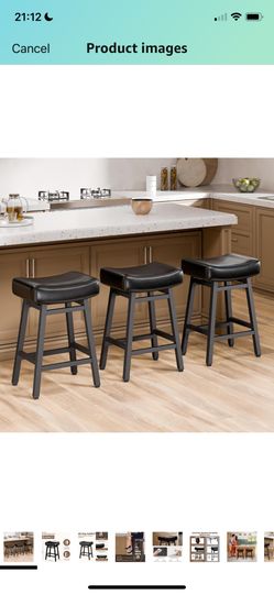 24'' Backless Faux Leather Upholstered Saddle Stool Chair Set of 3. Black