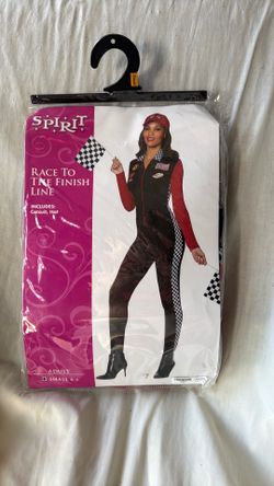 Race to the finish line adult spirit costume cat suit auto racing. Includes cat suit and hat. Small 4 to 6 unworn.