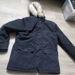 $149 NEW MENS ALFANI FAUX FUR HOODED INSULATED BLACK PARKA JACKET LARGE 
