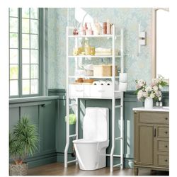  4 Tier Over The Toilet Storage with Drawers, Heavy Duty Bathroom Stand Organizer Metal Shelves for Laundry, White