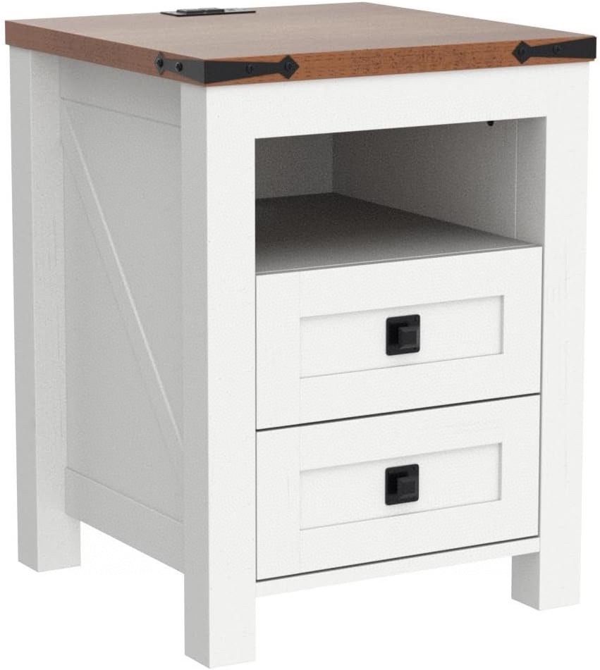 Set of 2 Nightstands with Charging Station, End Table, Side Table with 2 Drawers Storage Cabinet for Bedroom, Living Room, Farmhouse Designni