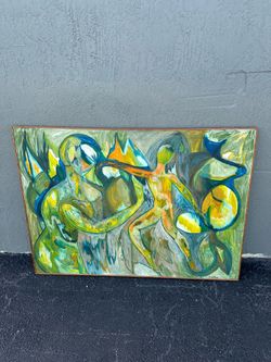 Large Vintage Abstract Figurative Painting Signed Swetlow Mid Century Modern 50x37