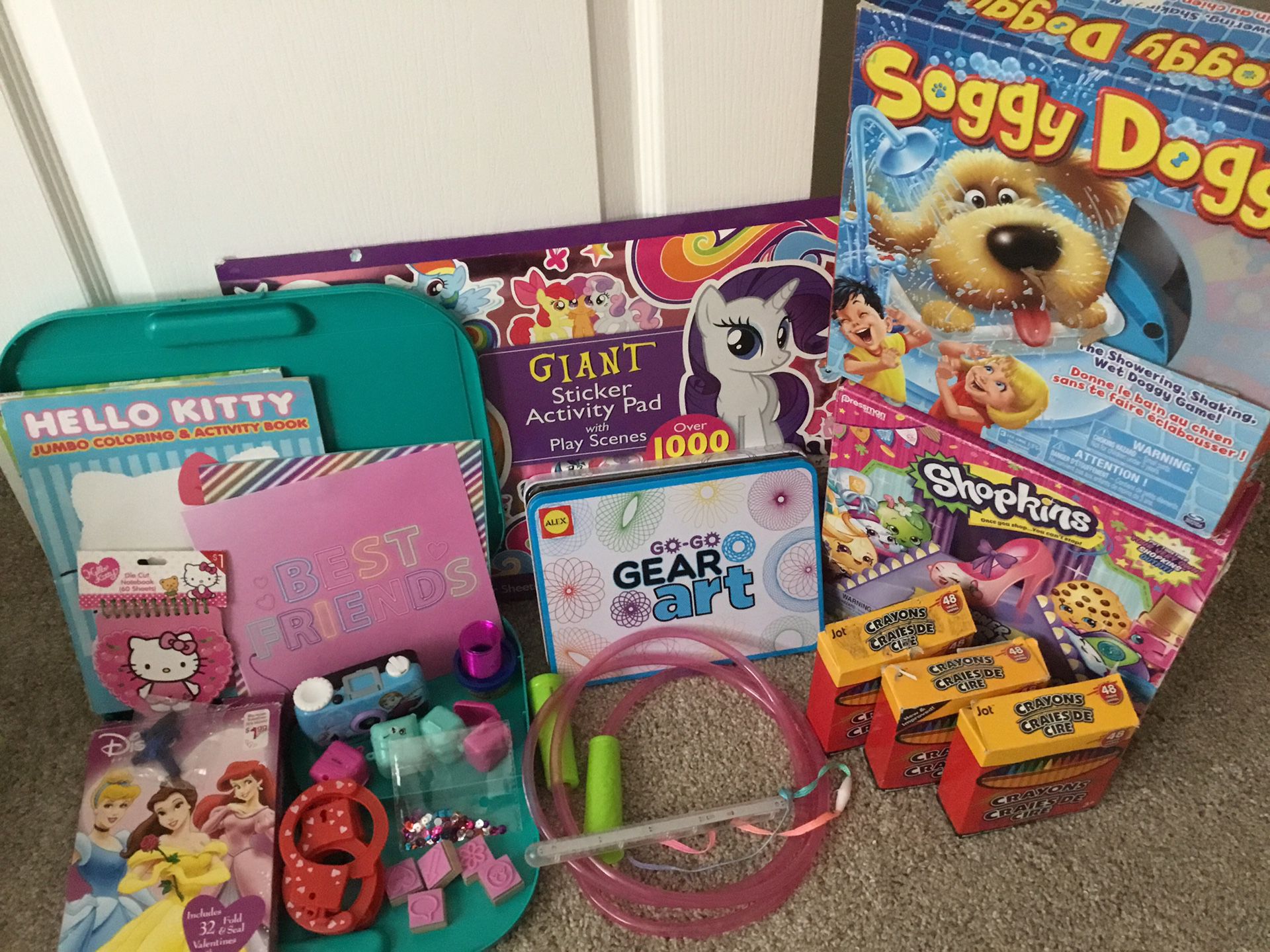 Girls kids toy bundle craft stamps jump rope soggy doggy shopkins game & more