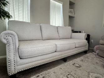 Cream Fabric Sofa with Nailhead Trim