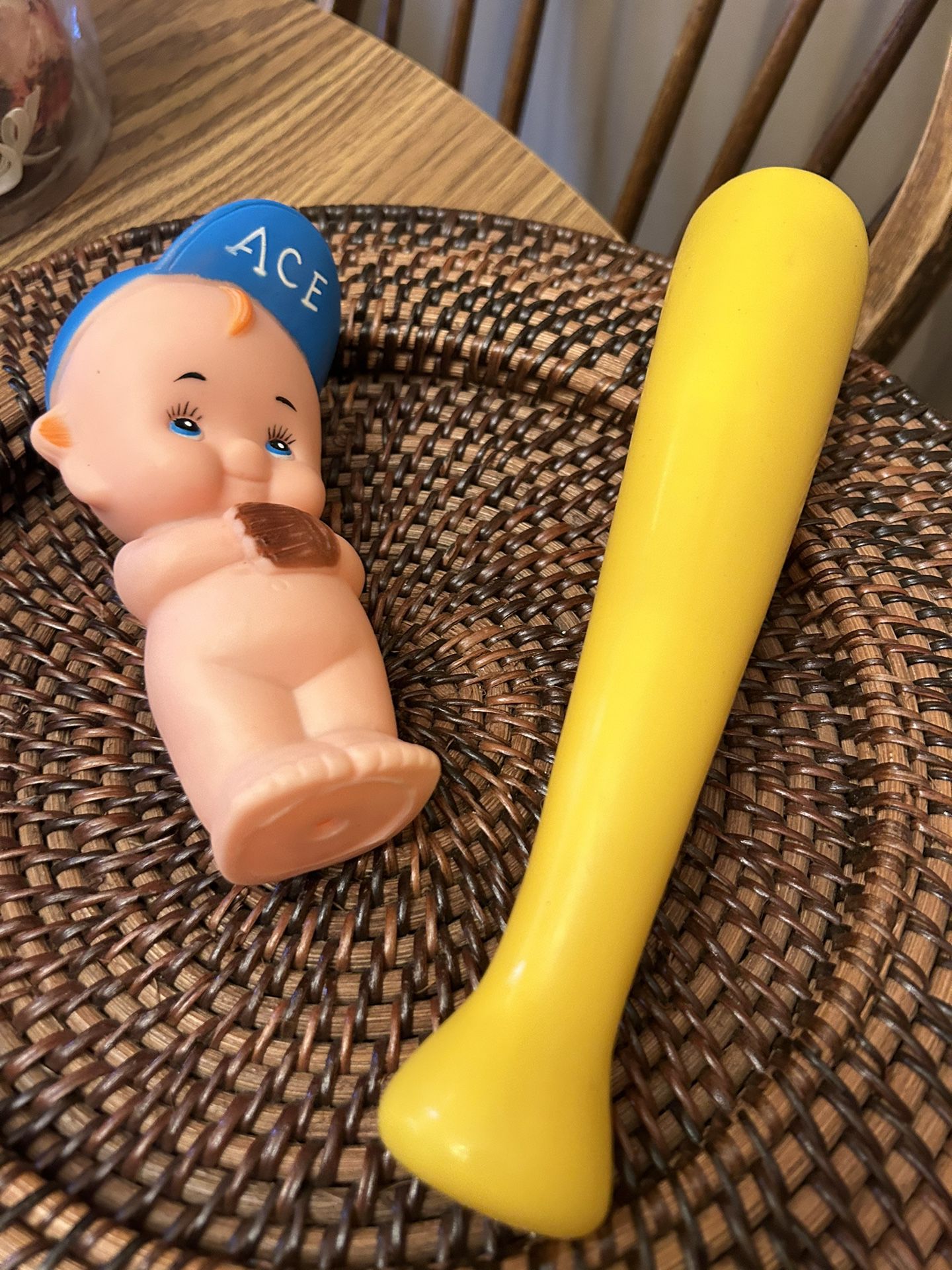 Vintage baby squeak toys - baseball player Ace and yellow bat 
