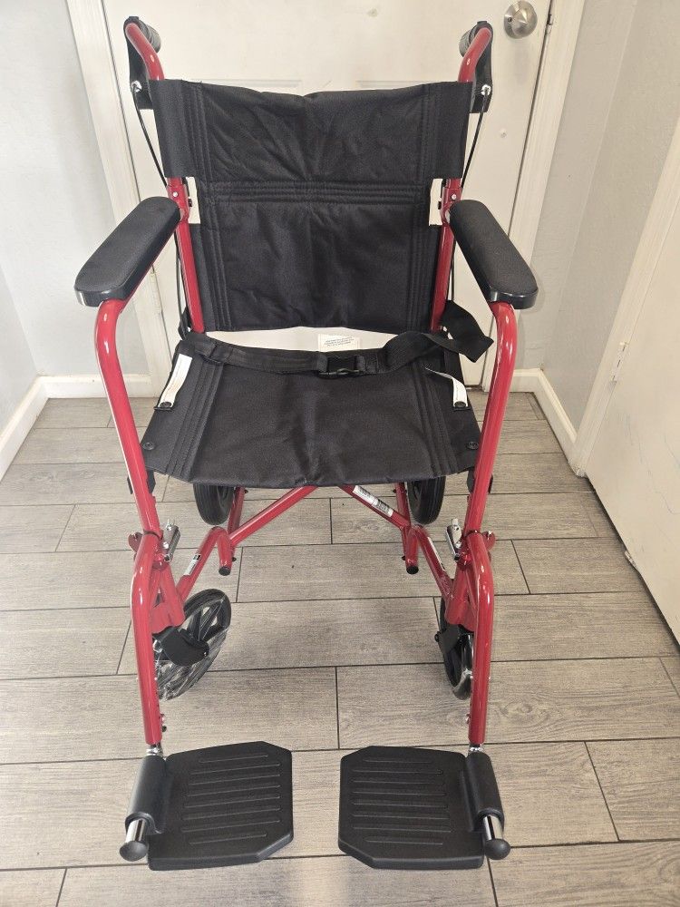 Medline Lightweight Foldable Transport Wheelchair with Handbrakes and 12-Inch Wheels, Red Frame, Black Upholstery, Silla De Ruedas