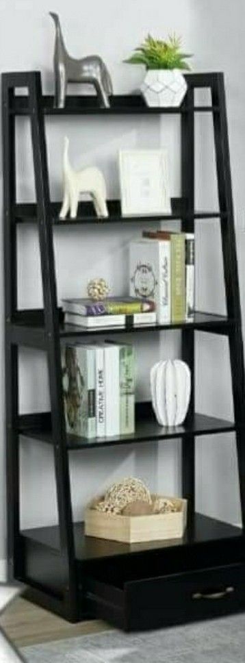64" Black Wood 5-shelf Ladder Bookcase with Drawer