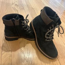 Ecco Elaina LaceUp Hydromax Suede Ankle Combat Chunky Boots Side Zip 8-8.5