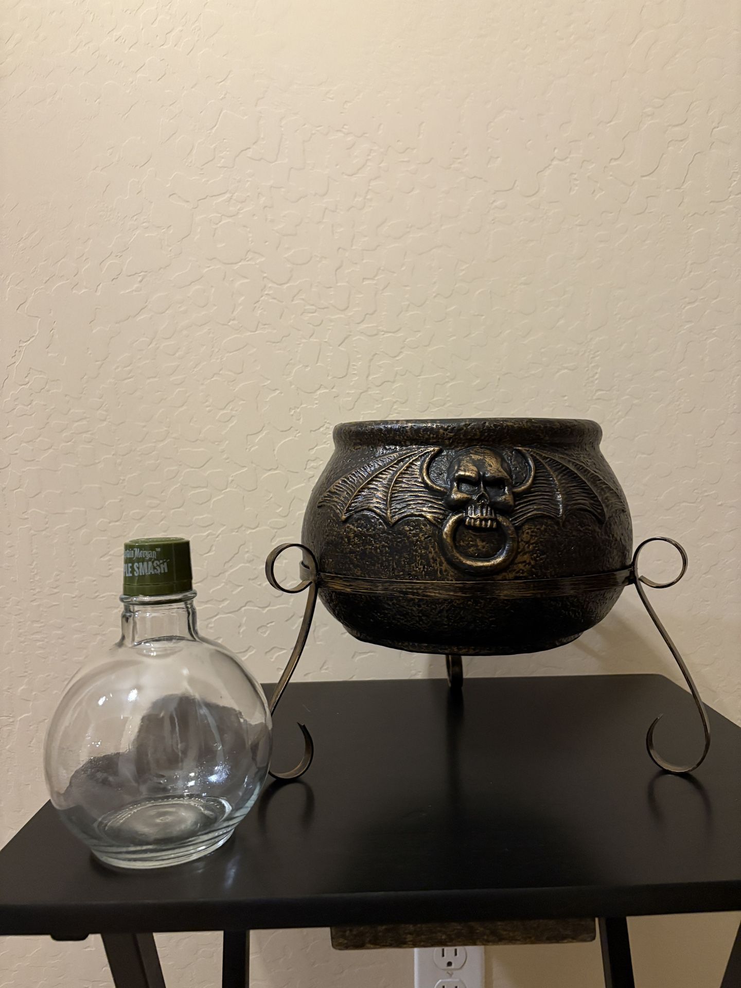 Copper Plastic Cauldron W/stand & Round Glass Bottle 