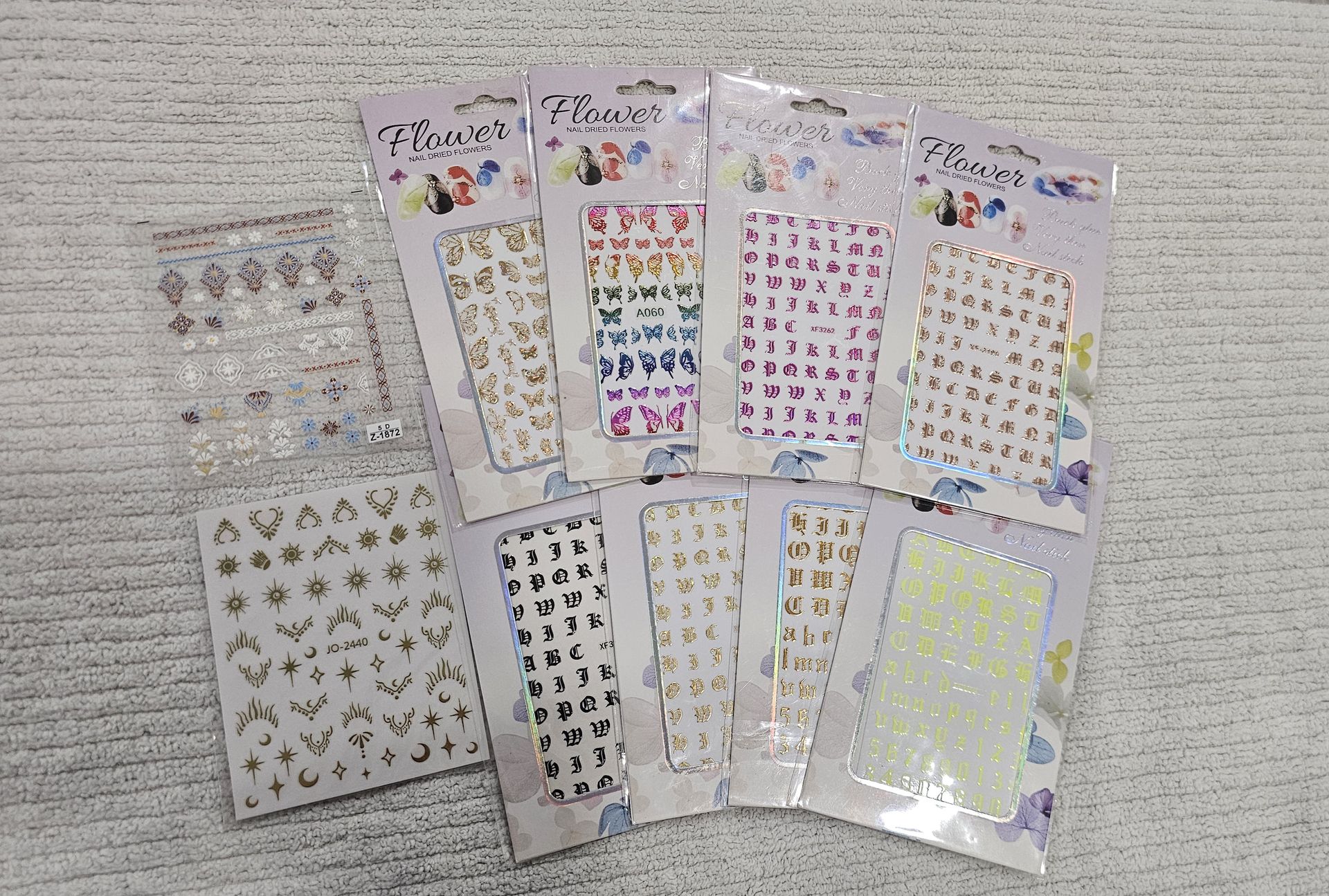 Metallic Nail Art Stickers 10 packs - Multicolor, Butterflies, Letters, Symbols