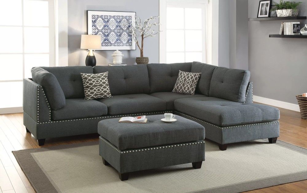 Brand New Blue Gray 3pc Reversible Sectional Sofa Set W/ Ottoman