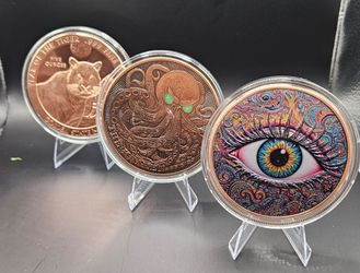 3 x 5 oz Copper Rounds Bundle - Eye, Zodiac & Tiger - Local Pickup.