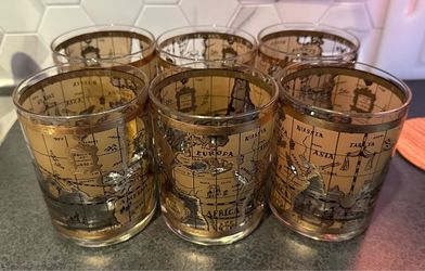 Vintage Cera Glass Old World Map 22K Gold Whiskey/cocktail Glasses - Set of 6