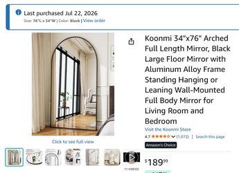 Koonmi 34”x76” Arched Full-Length Floor Mirror (Black) — $110