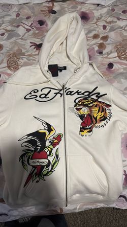 Ed Hardy Zip-Up Hoodie White Tiger Graphic