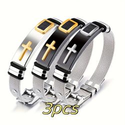 3-Pcs Unique Design 2-Tone Titanium Cross Mesh Design Adjustable Belted Unisex Bracelets