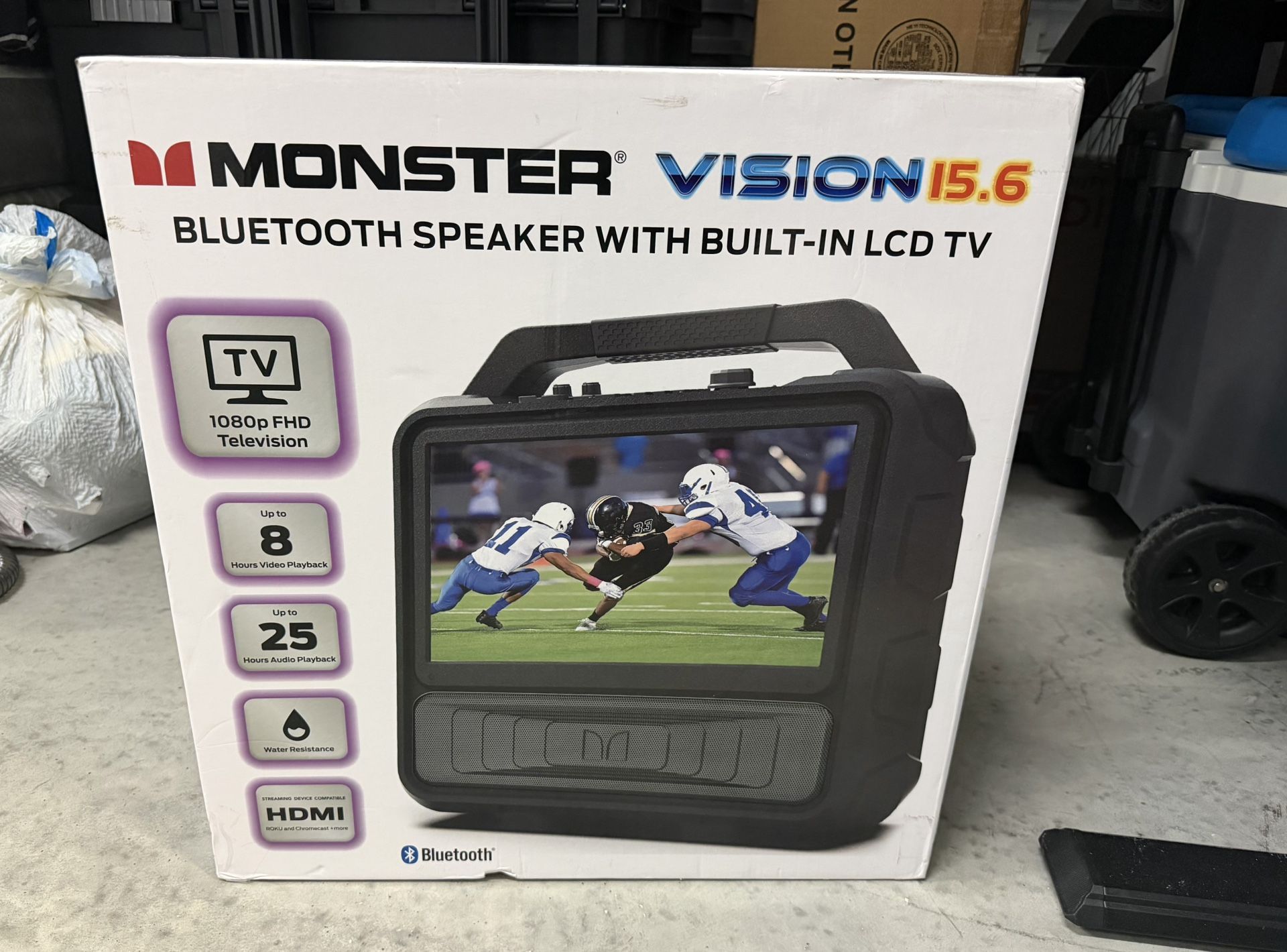 monster vision 15.6 bluetooth speaker with built-in lcd tv