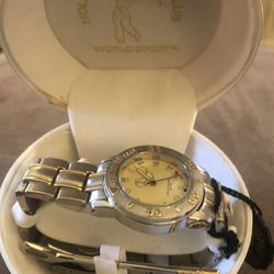 NOS Men's Hollywood Golf Club World Sport Stainless Wrist Watch Quartz Japan-Original Case-Second hand is a golf club and little golf club comes with 
